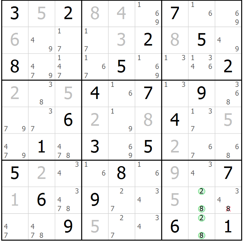 Position des candidats pour la solution de la Gr 69 page 72 du magazine de sudoku Virtuose n° 108