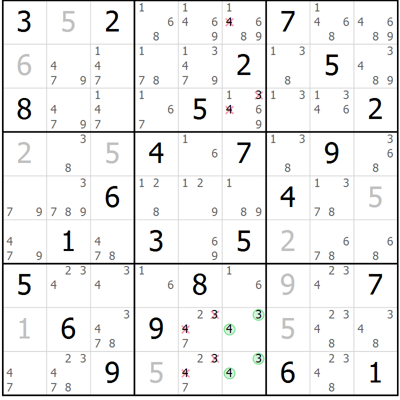 Position des candidats pour la solution de la Gr 69 page 72 du magazine de sudoku Virtuose n° 108