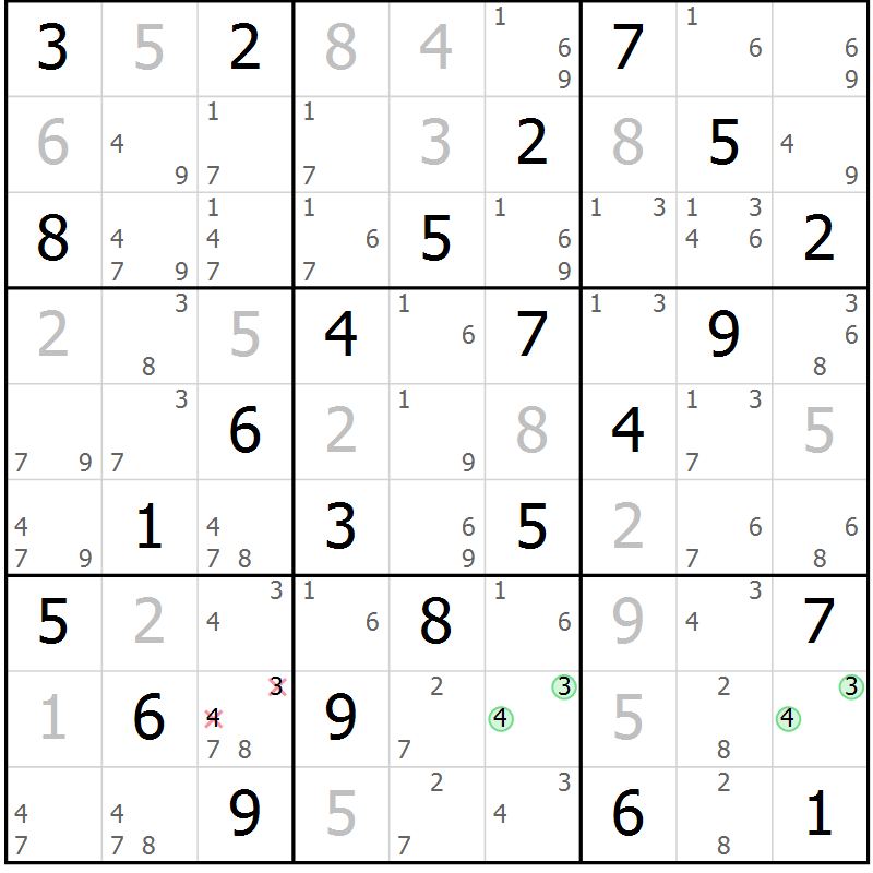 Position des candidats pour la solution de la Gr 69 page 72 du magazine de sudoku Virtuose n° 108