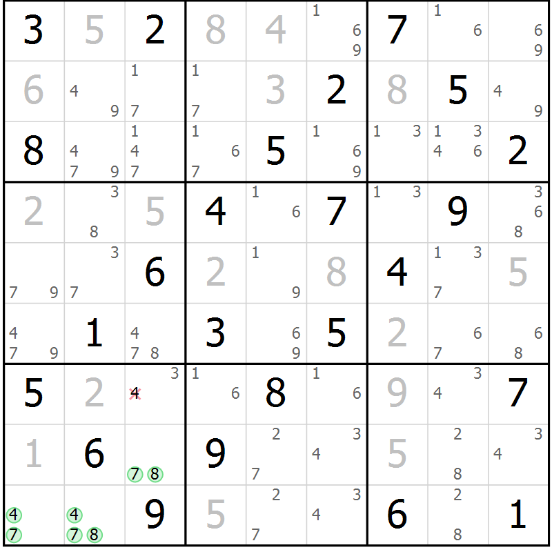 Position des candidats pour la solution de la Gr 69 page 72 du magazine de sudoku Virtuose n° 108
