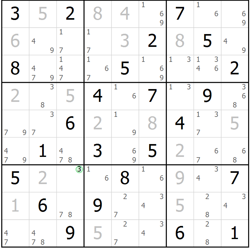 Position des candidats pour la solution de la Gr 69 page 72 du magazine de sudoku Virtuose n° 108