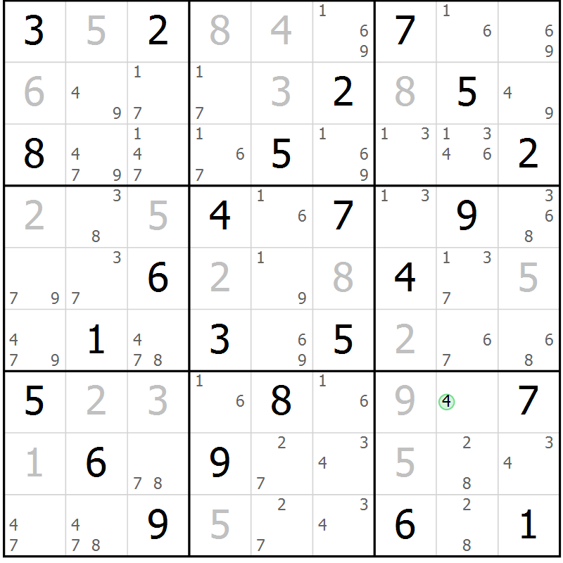 Position des candidats pour la solution de la Gr 69 page 72 du magazine de sudoku Virtuose n° 108
