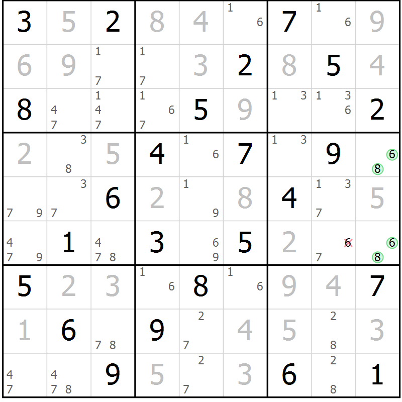 Position des candidats pour la solution de la Gr 69 page 72 du magazine de sudoku Virtuose n° 108