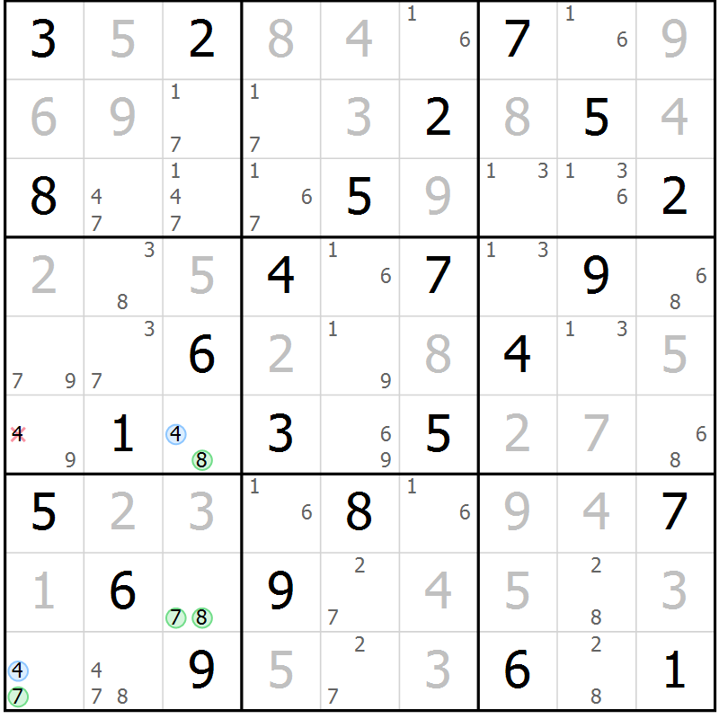 Position des candidats pour la solution de la Gr 69 page 72 du magazine de sudoku Virtuose n° 108