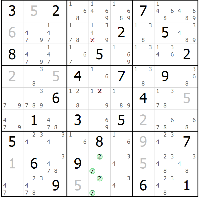 Position des candidats pour la solution de la Gr 69 page 72 du magazine de sudoku Virtuose n° 108