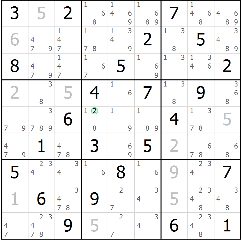 Position des candidats pour la solution de la Gr 69 page 72 du magazine de sudoku Virtuose n° 108
