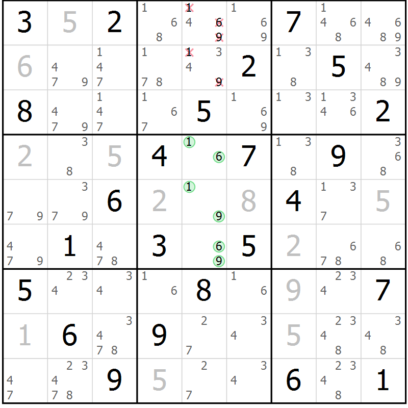 Position des candidats pour la solution de la Gr 69 page 72 du magazine de sudoku Virtuose n° 108