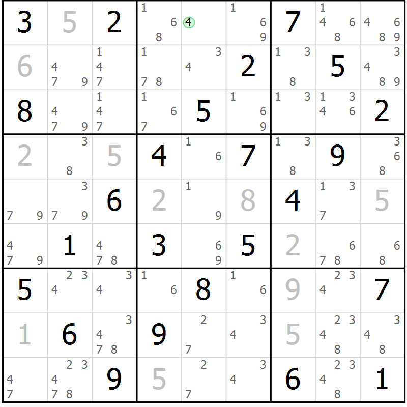 Position des candidats pour la solution de la Gr 69 page 72 du magazine de sudoku Virtuose n° 108