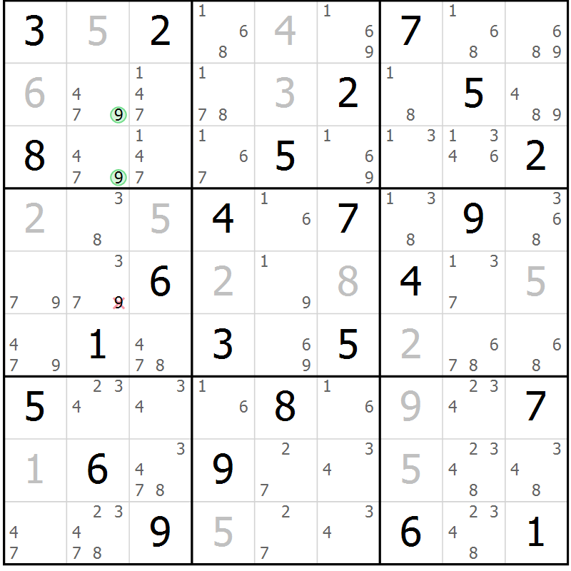 Position des candidats pour la solution de la Gr 69 page 72 du magazine de sudoku Virtuose n° 108