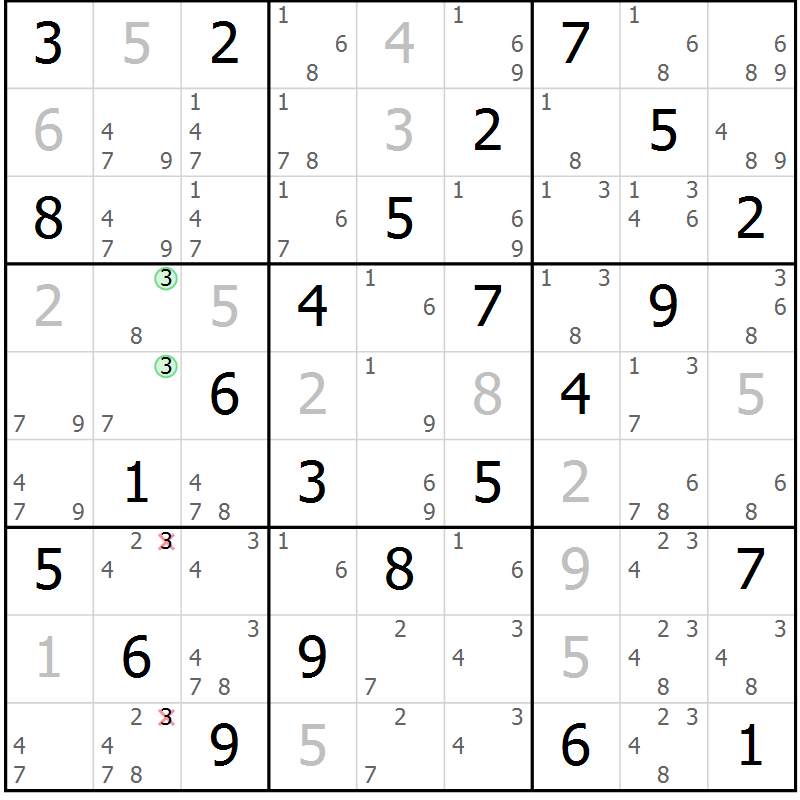 Position des candidats pour la solution de la Gr 69 page 72 du magazine de sudoku Virtuose n° 108