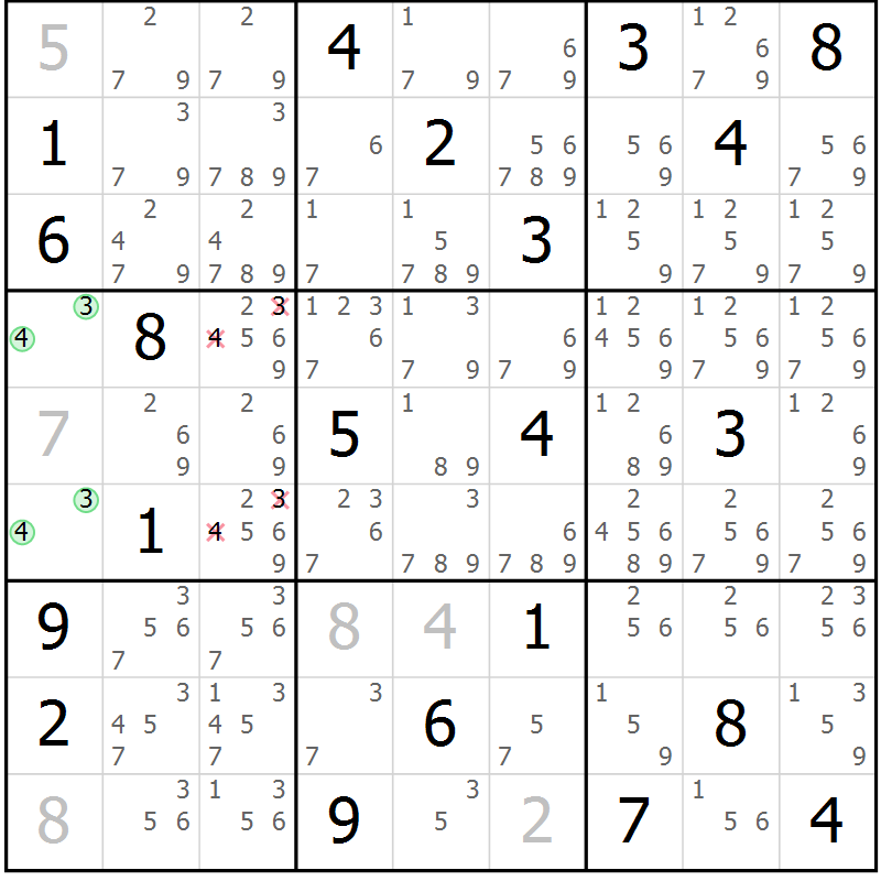 Position des candidats pour la solution de la Gr 7 page 10 du magazine de sudoku Virtuose n° 108