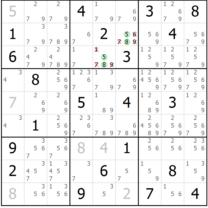 Position des candidats pour la solution de la Gr 7 page 10 du magazine de sudoku Virtuose n° 108