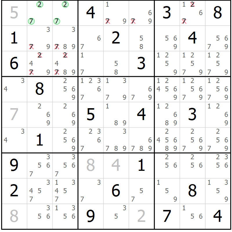 Position des candidats pour la solution de la Gr 7 page 10 du magazine de sudoku Virtuose n° 108