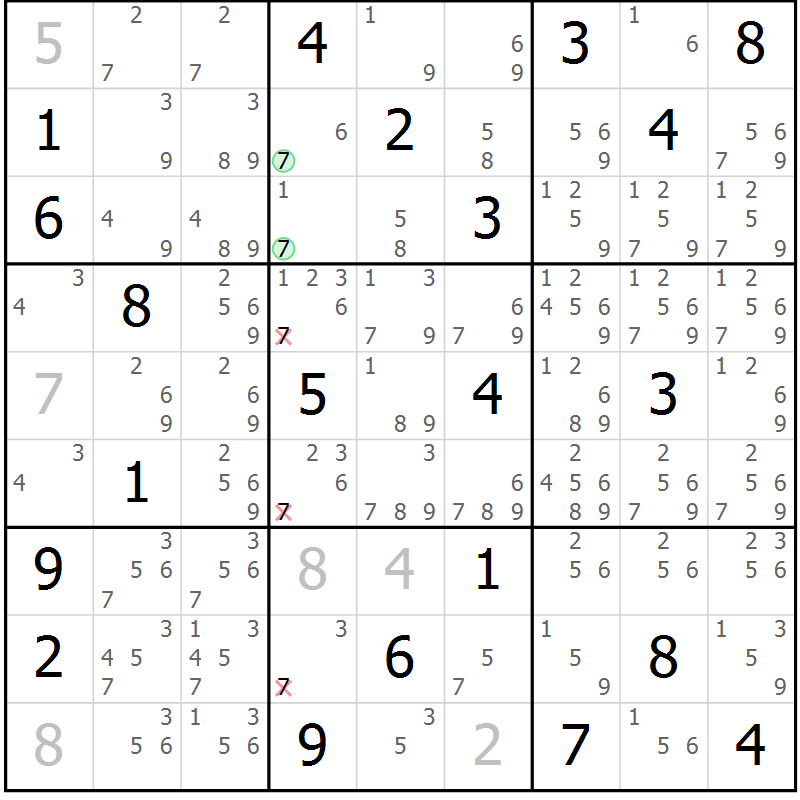 Position des candidats pour la solution de la Gr 7 page 10 du magazine de sudoku Virtuose n° 108