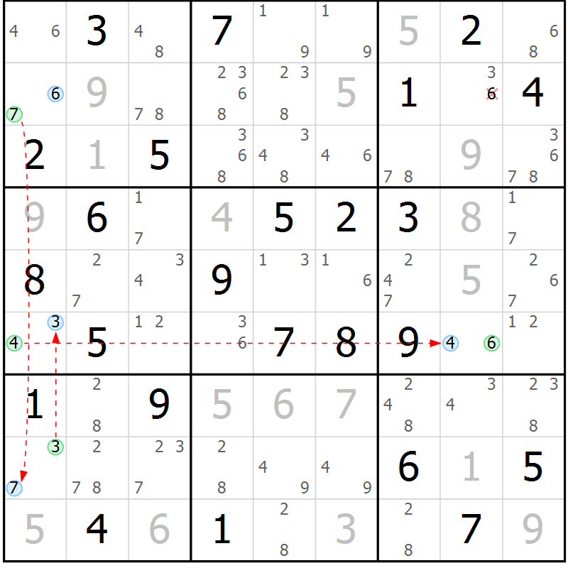 Position des candidats pour la solution de la Gr 70 page 73 du magazine de sudoku Virtuose n° 108
