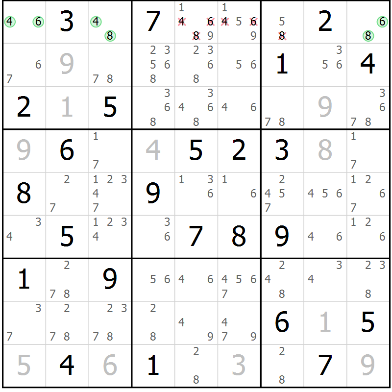 Position des candidats pour la solution de la Gr 70 page 73 du magazine de sudoku Virtuose n° 108