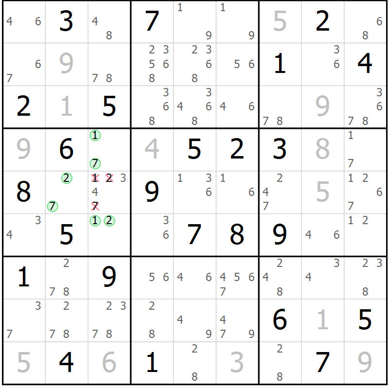 Position des candidats pour la solution de la Gr 70 page 73 du magazine de sudoku Virtuose n° 108