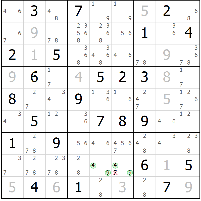 Position des candidats pour la solution de la Gr 70 page 73 du magazine de sudoku Virtuose n° 108