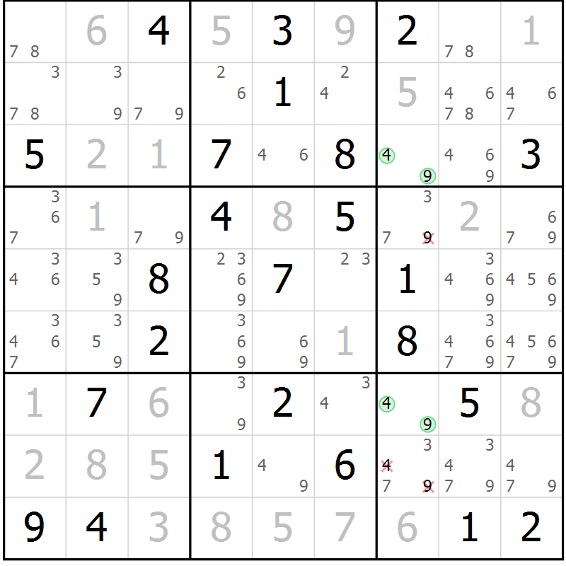Position des candidats pour la solution de la Gr 71 page 74 du magazine de sudoku Virtuose n° 108