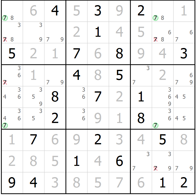 Position des candidats pour la solution de la Gr 71 page 74 du magazine de sudoku Virtuose n° 108