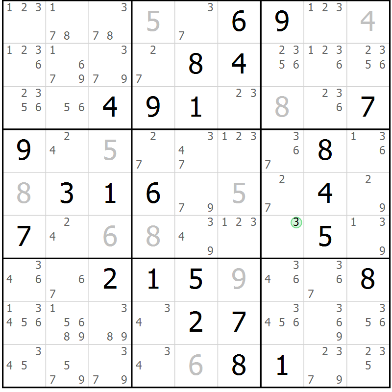 Position des candidats pour la solution de la Gr 72 page 75 du magazine de sudoku Virtuose n° 108