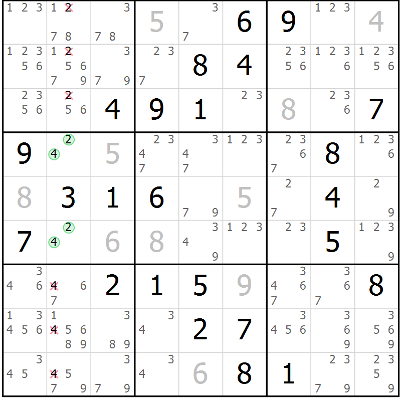 Position des candidats pour la solution de la Gr 72 page 75 du magazine de sudoku Virtuose n° 108