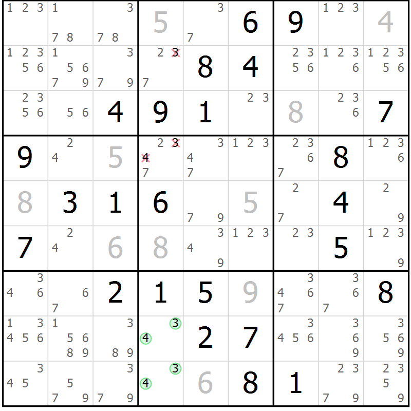 Position des candidats pour la solution de la Gr 72 page 75 du magazine de sudoku Virtuose n° 108