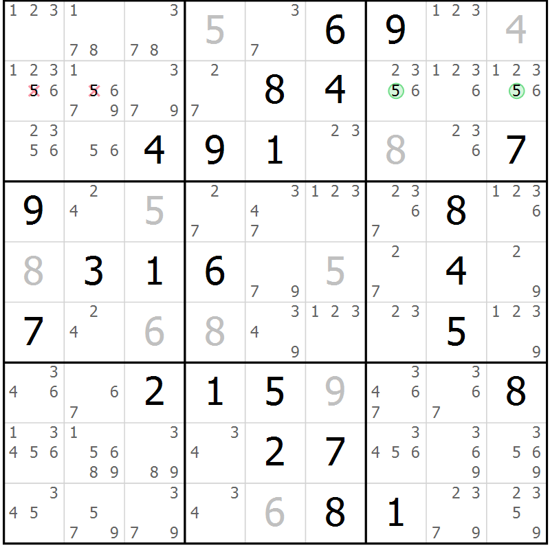Position des candidats pour la solution de la Gr 72 page 75 du magazine de sudoku Virtuose n° 108