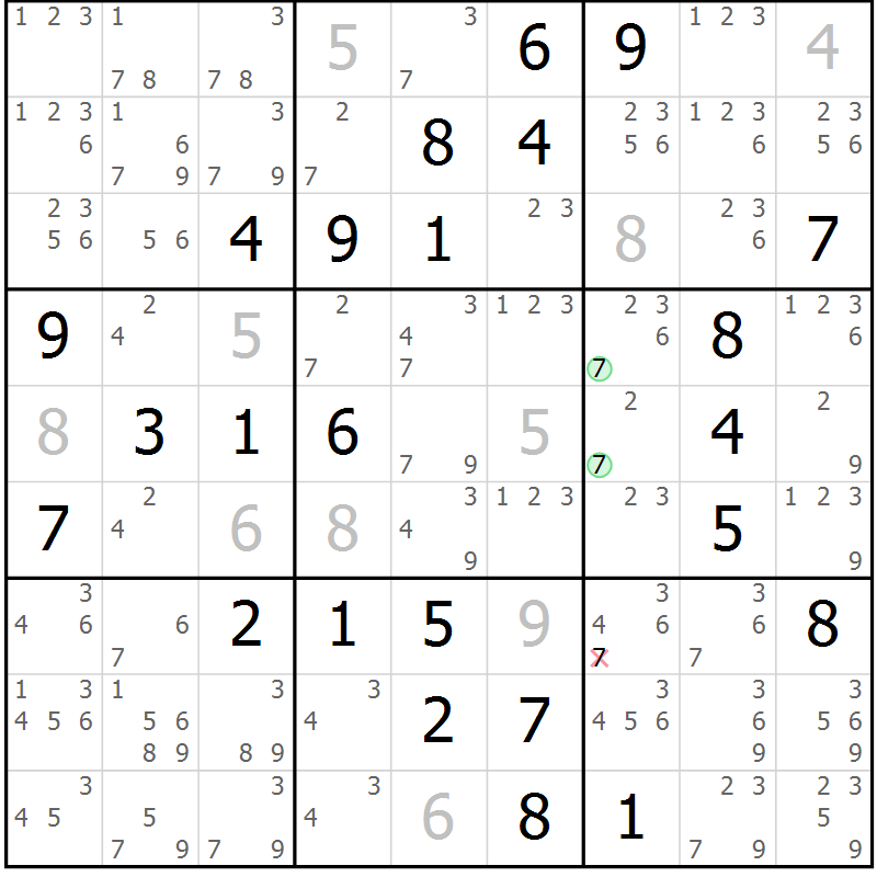 Position des candidats pour la solution de la Gr 72 page 75 du magazine de sudoku Virtuose n° 108