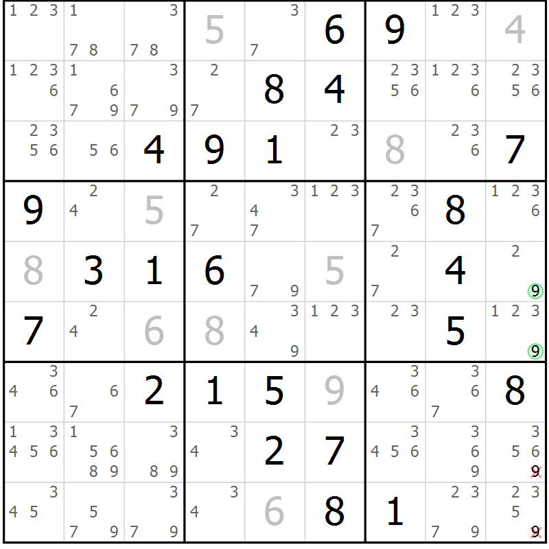 Position des candidats pour la solution de la Gr 72 page 75 du magazine de sudoku Virtuose n° 108