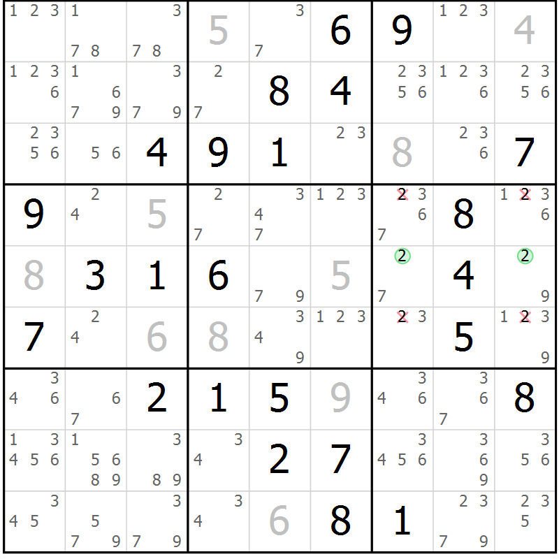 Position des candidats pour la solution de la Gr 72 page 75 du magazine de sudoku Virtuose n° 108