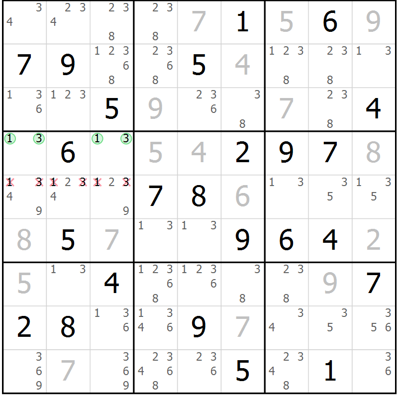 Position des candidats pour la solution de la Gr 74 page 77 du magazine de sudoku Virtuose n° 108