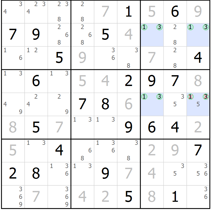 Position des candidats pour la solution de la Gr 74 page 77 du magazine de sudoku Virtuose n° 108