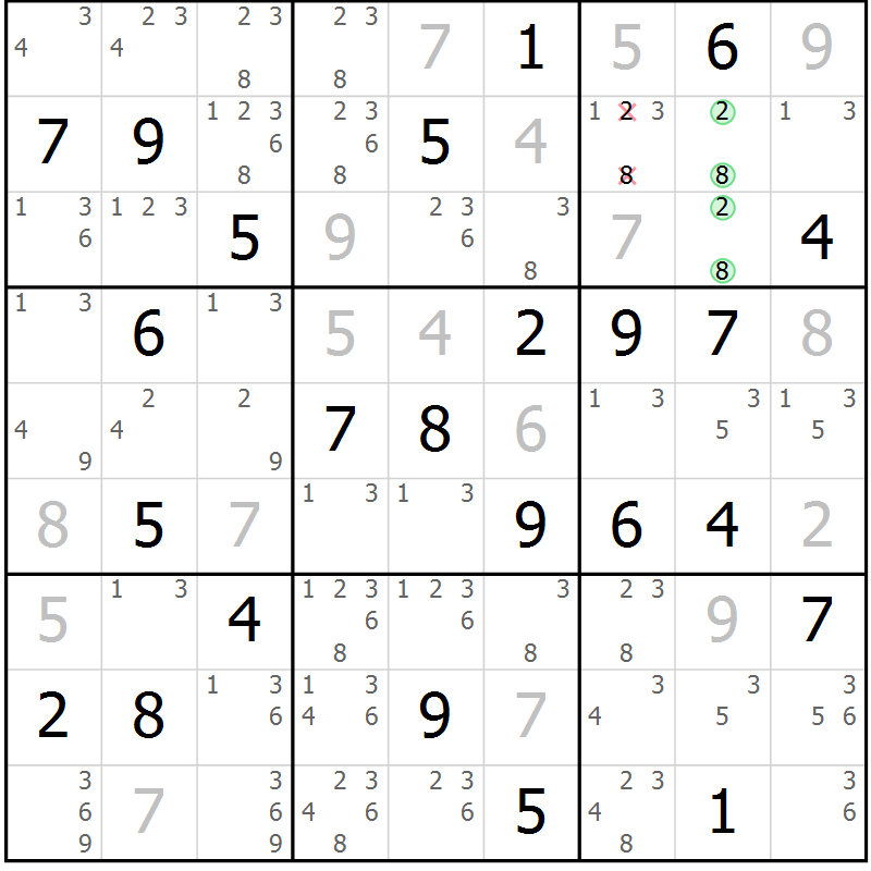 Position des candidats pour la solution de la Gr 74 page 77 du magazine de sudoku Virtuose n° 108