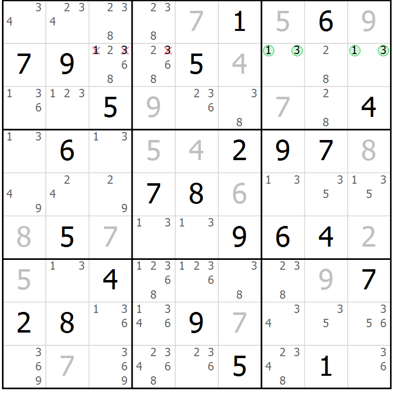 Position des candidats pour la solution de la Gr 74 page 77 du magazine de sudoku Virtuose n° 108