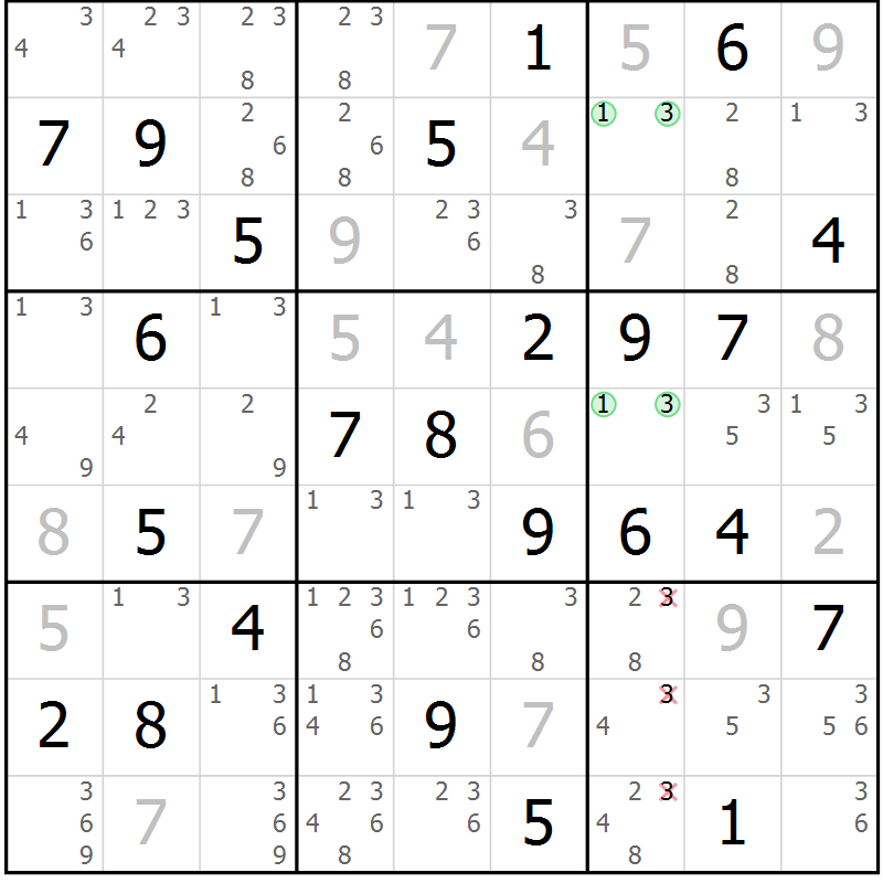 Position des candidats pour la solution de la Gr 74 page 77 du magazine de sudoku Virtuose n° 108