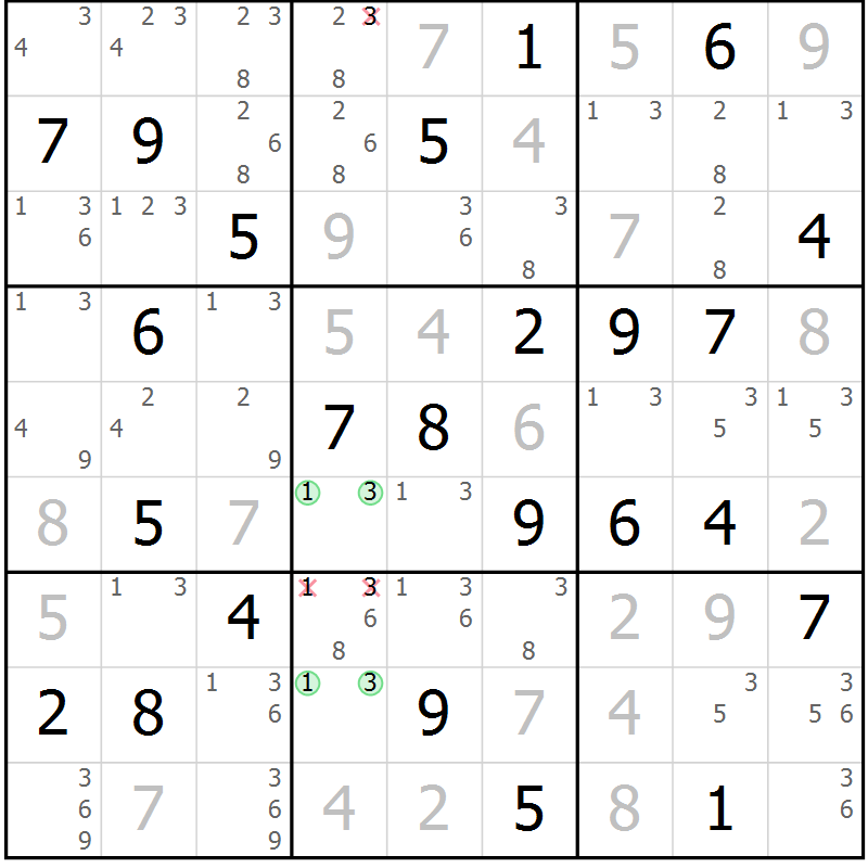 Position des candidats pour la solution de la Gr 74 page 77 du magazine de sudoku Virtuose n° 108