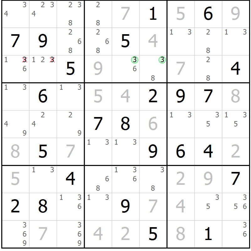 Position des candidats pour la solution de la Gr 74 page 77 du magazine de sudoku Virtuose n° 108