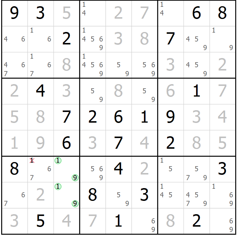 Position des candidats pour la solution de la Gr 76 page 79 du magazine de sudoku Virtuose n° 108