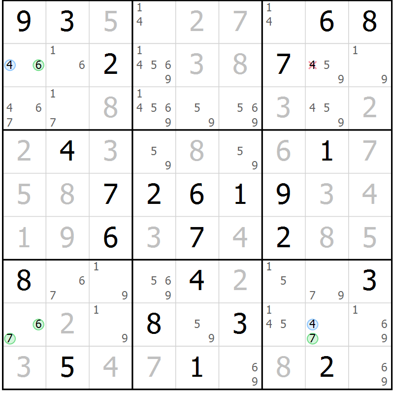 Position des candidats pour la solution de la Gr 76 page 79 du magazine de sudoku Virtuose n° 108