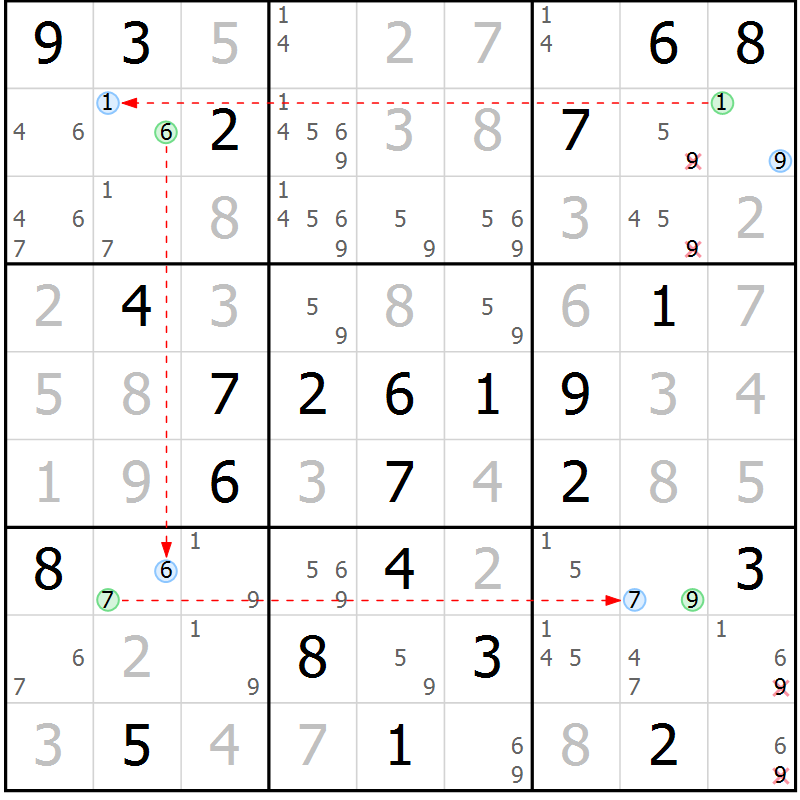 Position des candidats pour la solution de la Gr 76 page 79 du magazine de sudoku Virtuose n° 108