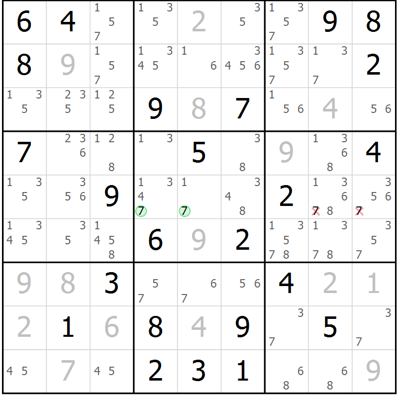 Position des candidats pour la solution de la Gr 77 page 80 du magazine de sudoku Virtuose n° 108