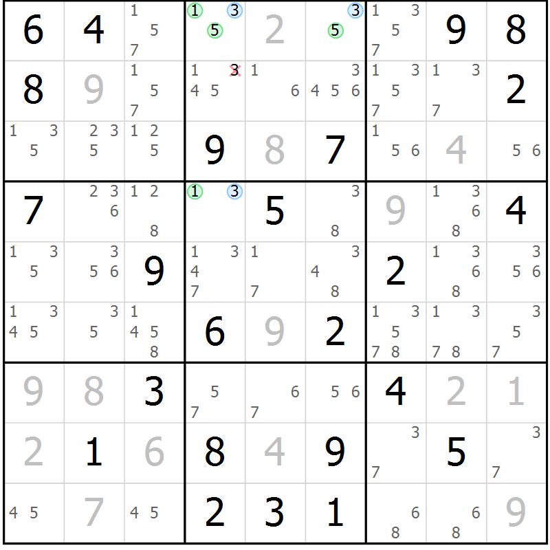 Position des candidats pour la solution de la Gr 77 page 80 du magazine de sudoku Virtuose n° 108