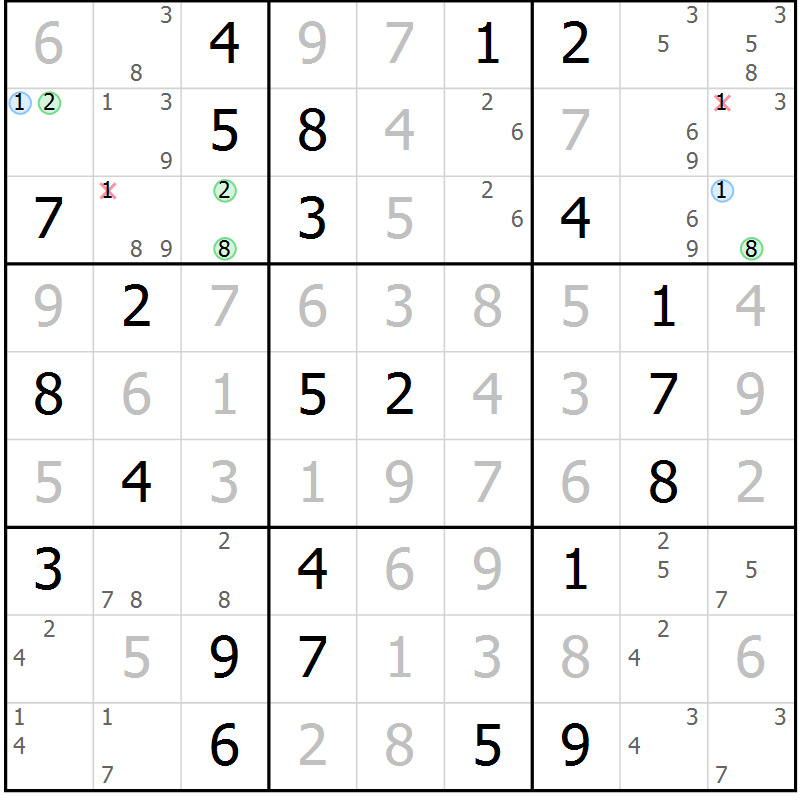 Position des candidats pour la solution de la Gr 78 page 81 du magazine de sudoku Virtuose n° 108