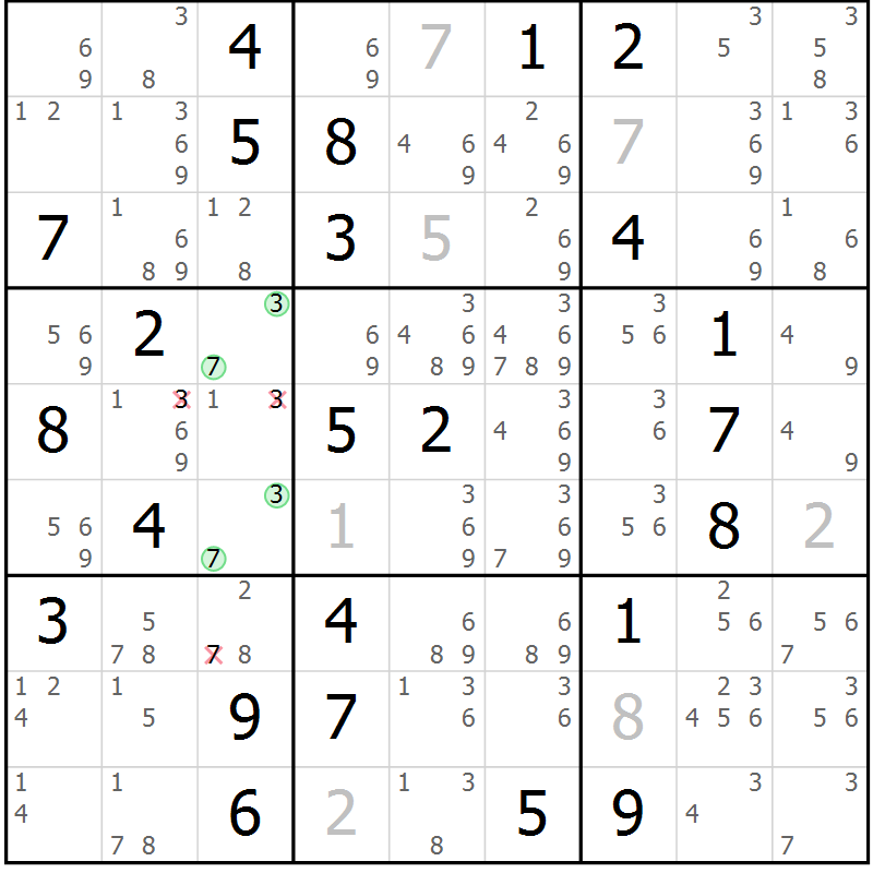 Position des candidats pour la solution de la Gr 78 page 81 du magazine de sudoku Virtuose n° 108