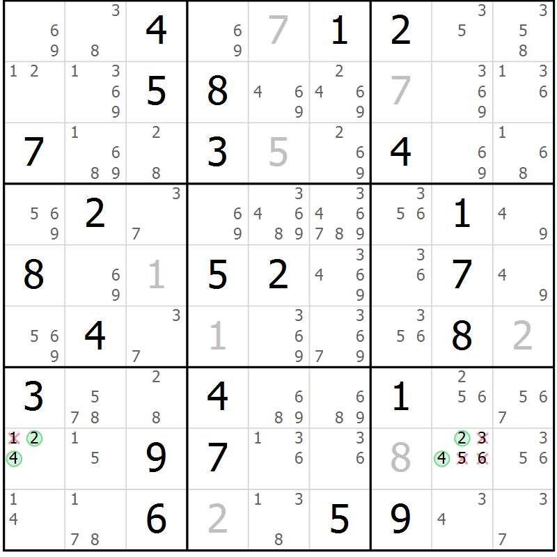 Position des candidats pour la solution de la Gr 78 page 81 du magazine de sudoku Virtuose n° 108