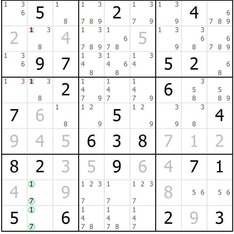 Position des candidats pour la solution de la Gr 79 page 82 du magazine de sudoku Virtuose n° 108