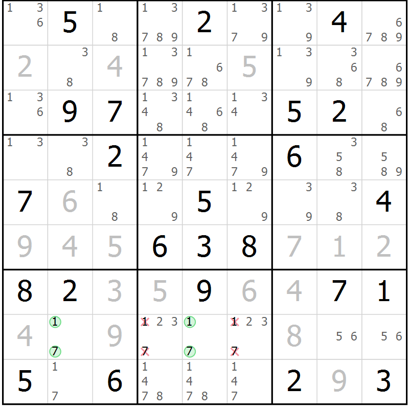 Position des candidats pour la solution de la Gr 79 page 82 du magazine de sudoku Virtuose n° 108