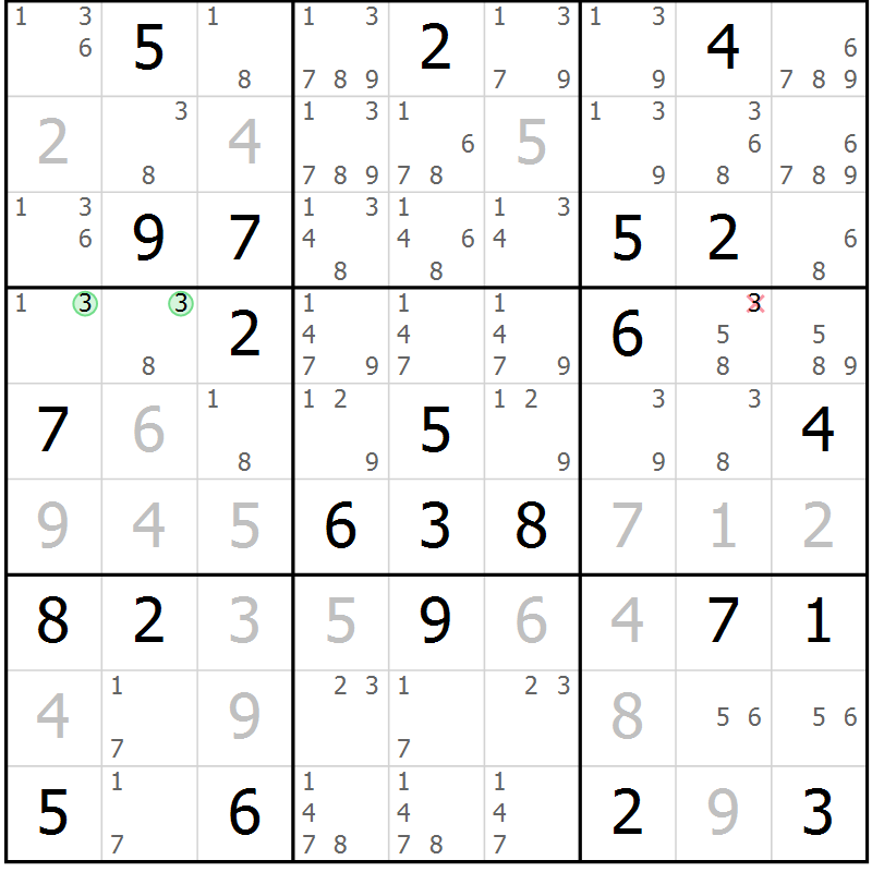 Position des candidats pour la solution de la Gr 79 page 82 du magazine de sudoku Virtuose n° 108