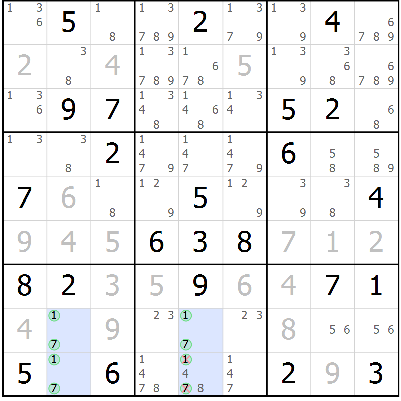 Position des candidats pour la solution de la Gr 79 page 82 du magazine de sudoku Virtuose n° 108